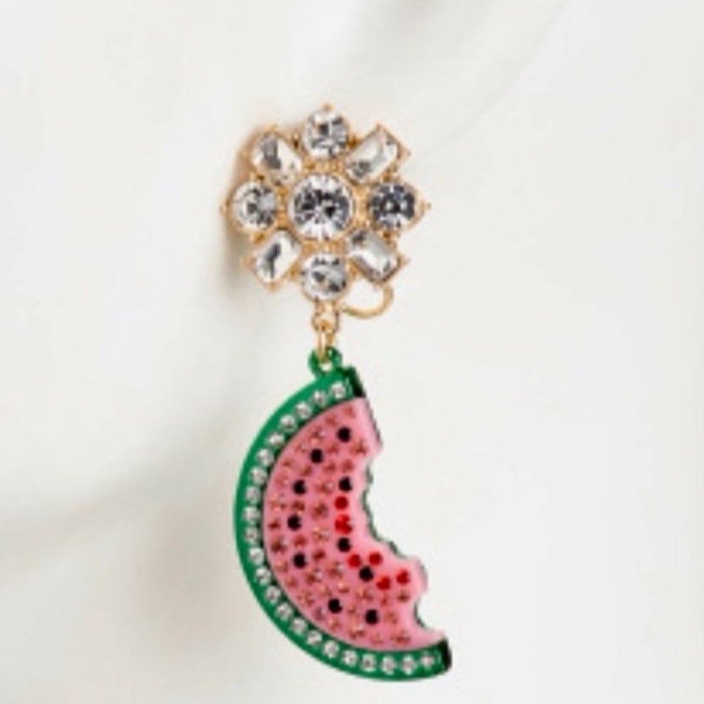 BETSEY JOHNSON Crystal-Accented Watermelon Slice Garden Glam Dangle Earrings NWT - Picture 7 of 10